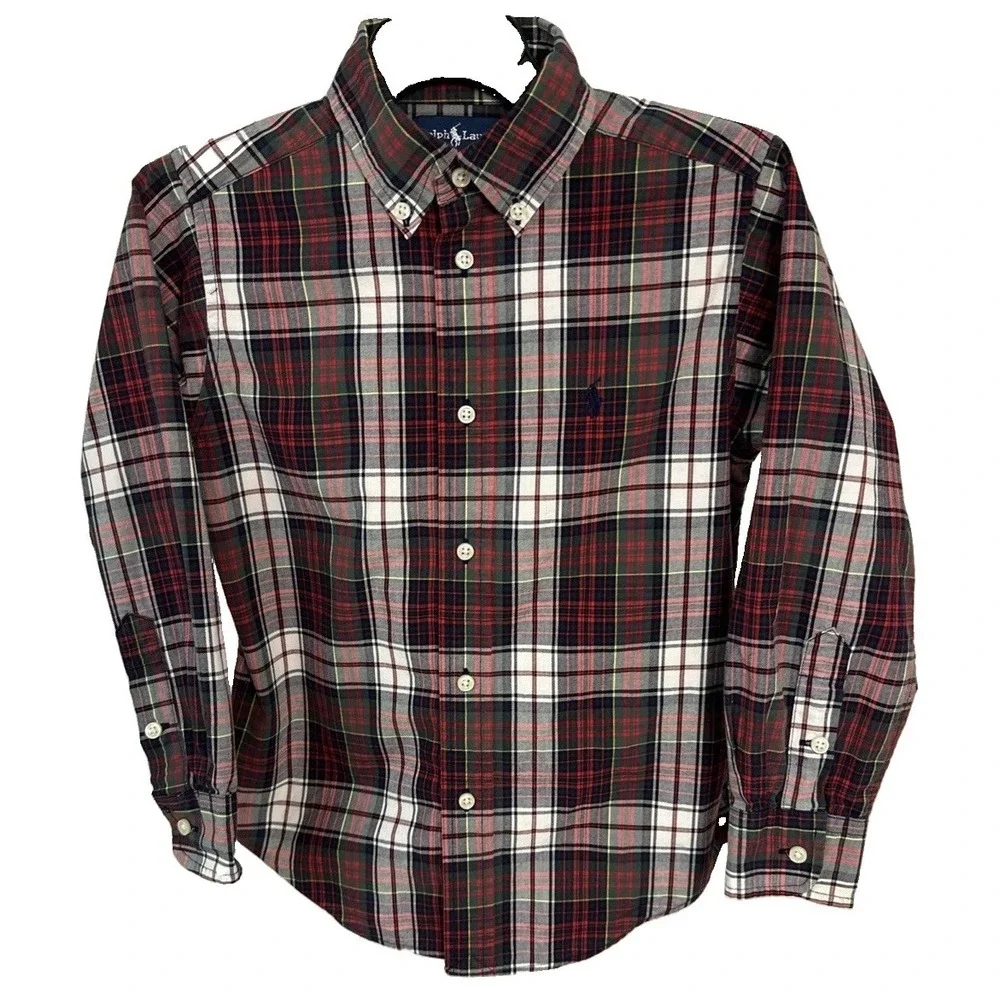 Ralph Lauren  Shirt Kids Boys Sz 6 Tartan Plaid Red Green White Cotton